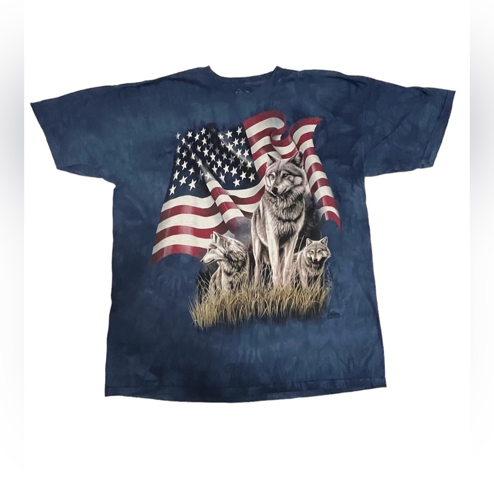 The Mountain Shirt Mens 2XL XXL Wolves American Flag Blue Tie Dye Short Sleeve